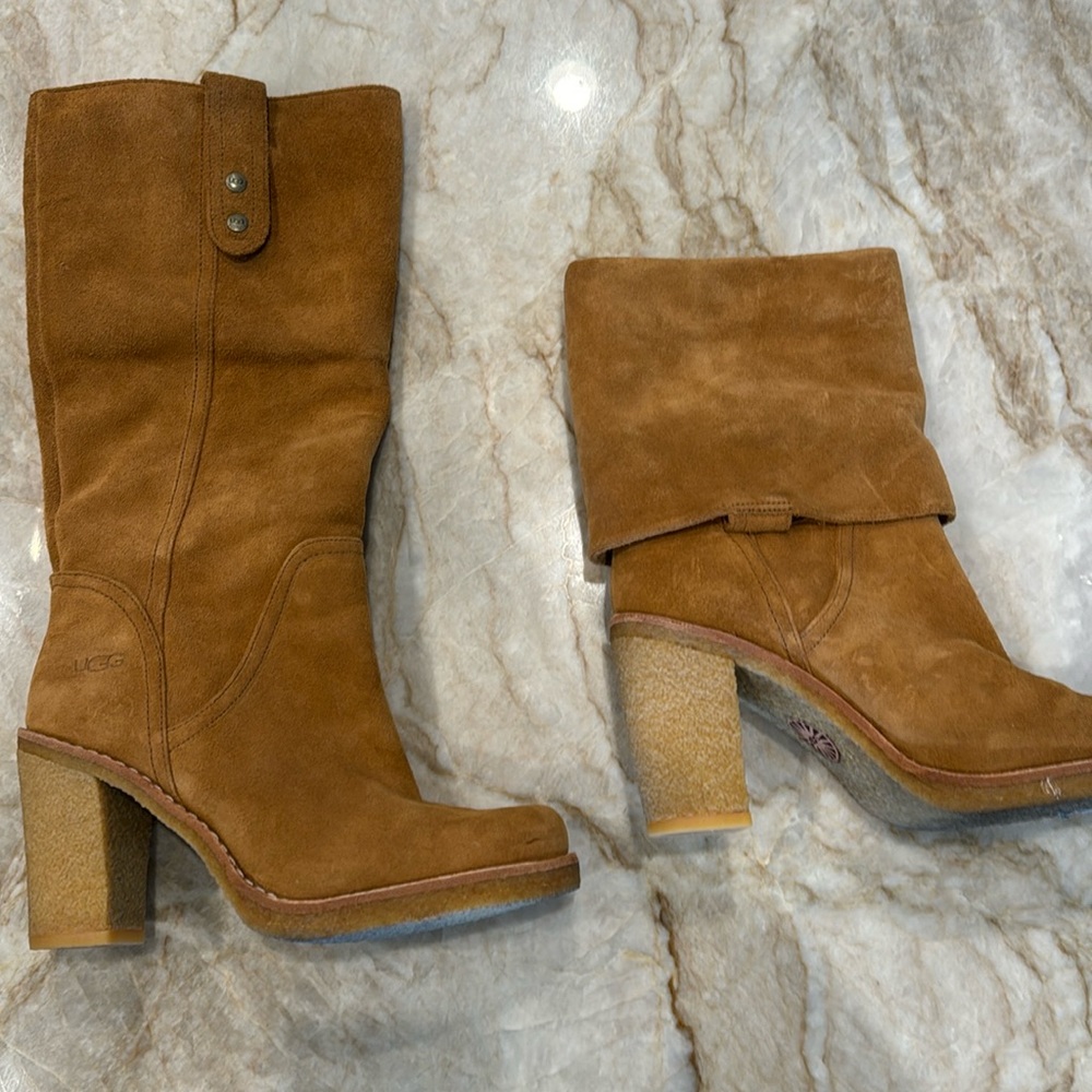 UGG chestnut Josie low heel boot. Knee-high or fold over-never been worn